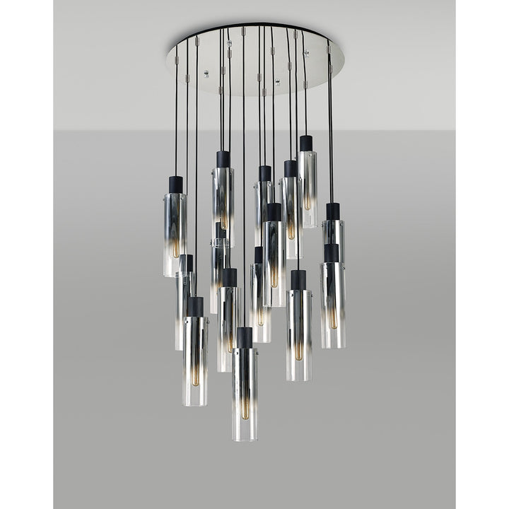 Nelson Lighting NL84929 Blade Slim Round Pendant 15 Light Adjustable Black/Smoke Fade Glass