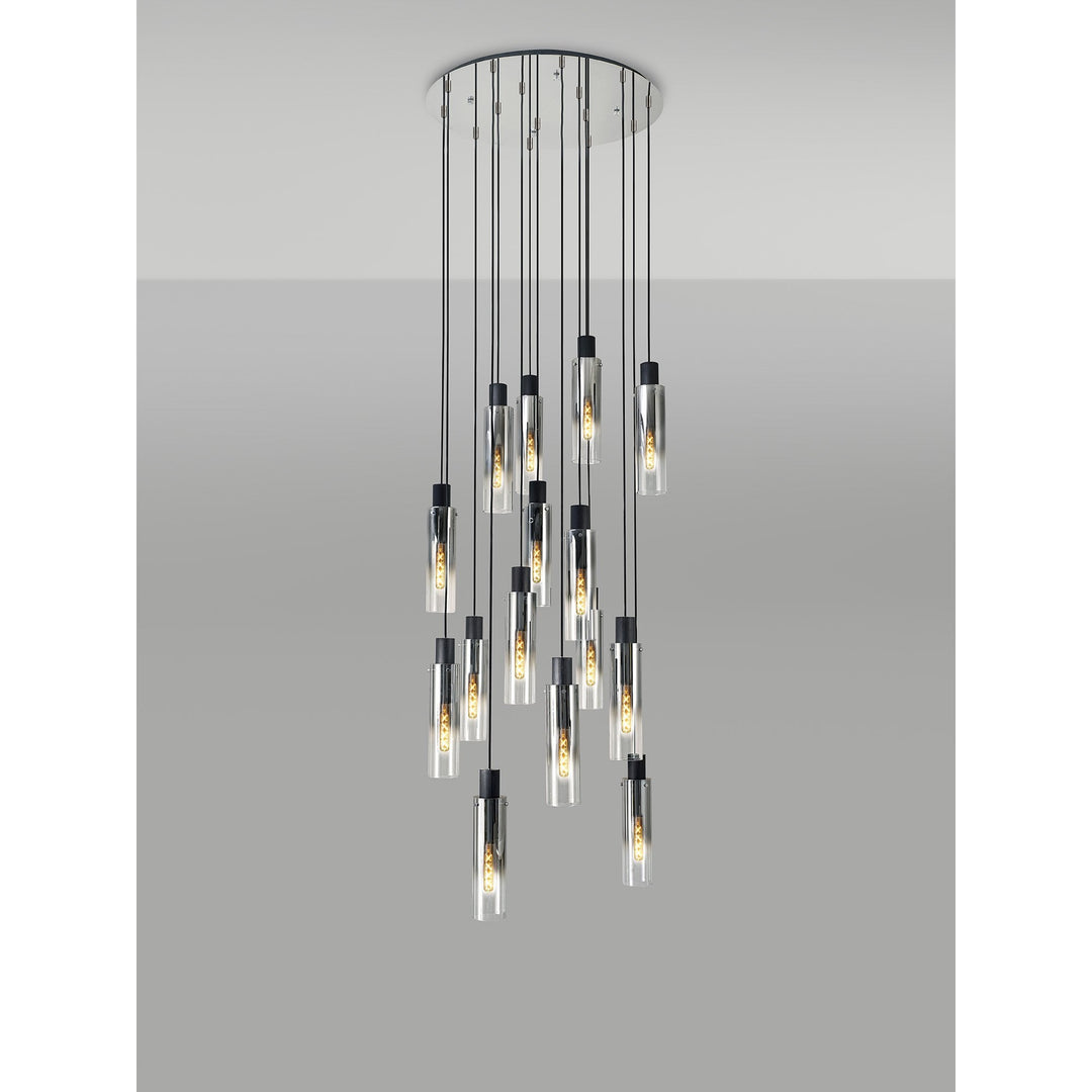 Nelson Lighting NL84929 Blade Slim Round Pendant 15 Light Adjustable Black/Smoke Fade Glass