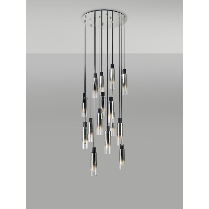 Nelson Lighting NL84929 Blade Slim Round Pendant 15 Light Adjustable Black/Smoke Fade Glass