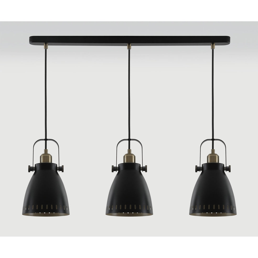 Nelson Lighting NL77299 Bojam Linear Pendant 3 Light Matt Black/Antique Brass/Khaki