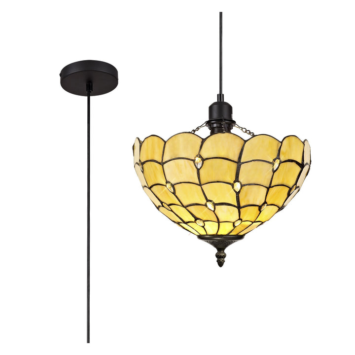 Nelson Lighting NLK00339 Chrisy 1 Light Up Lighter Pendant With 30cm Tiffany Shade Beige/Clear Crystal/Black