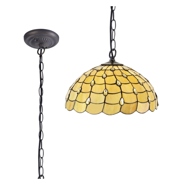 Nelson Lighting NLK00569 Chrisy 1 Light Down Lighter Pendant With 50cm Tiffany Shade Beige/Aged Antique Brass