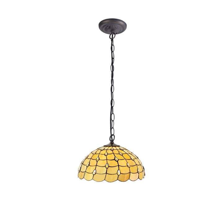 Nelson Lighting NLK00569 Chrisy 1 Light Down Lighter Pendant With 50cm Tiffany Shade Beige/Aged Antique Brass