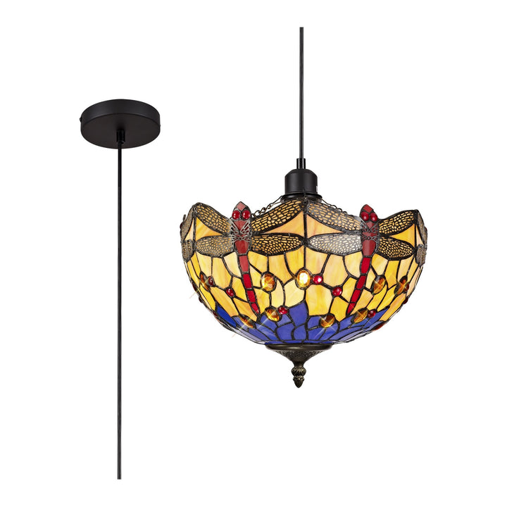 Nelson Lighting NLK00639 Heidi 1 Light Up Lighter Pendant With 30cm Tiffany Shade Blue/Orange/Crystal/Black