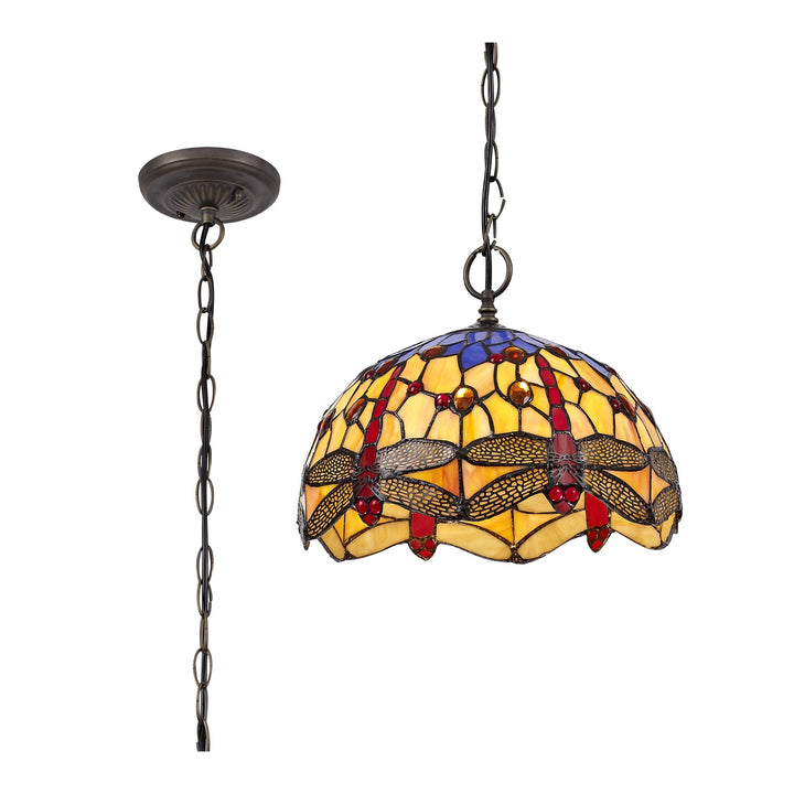 Nelson Lighting NLK00679 Heidi 1 Light Down Lighter Pendant With 30cm Tiffany Shade Blue/Orange/Antique Brass