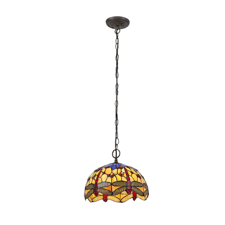 Nelson Lighting NLK00679 Heidi 1 Light Down Lighter Pendant With 30cm Tiffany Shade Blue/Orange/Antique Brass