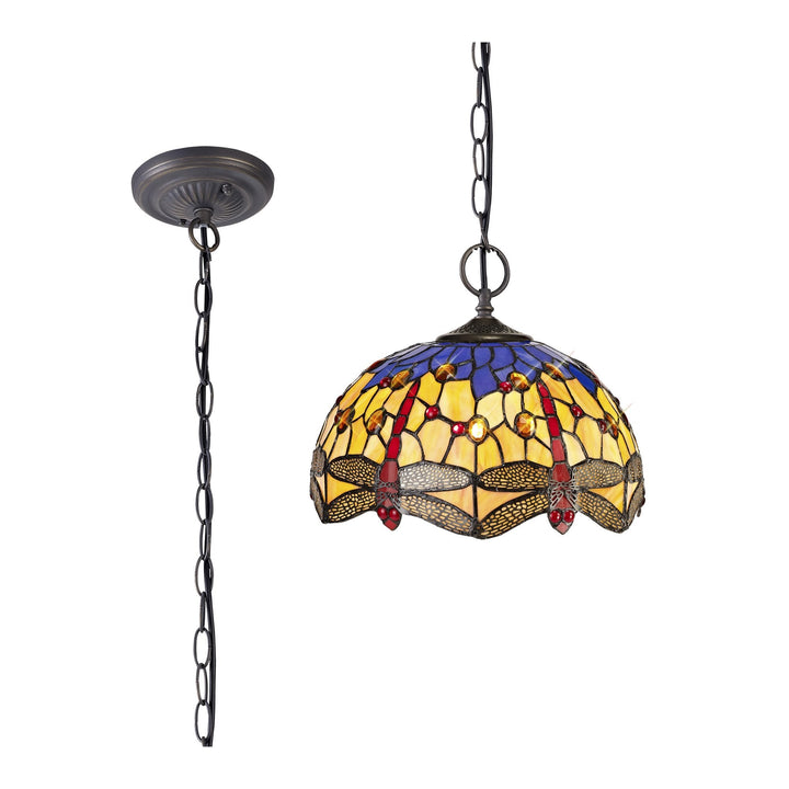 Nelson Lighting NLK00689 Heidi 2 Light Down Lighter Pendant With 30cm Tiffany Shade Blue/Orange/Antique Brass