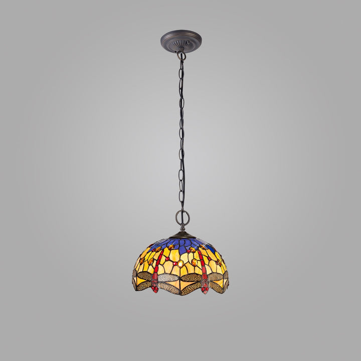 Nelson Lighting NLK00689 Heidi 2 Light Down Lighter Pendant With 30cm Tiffany Shade Blue/Orange/Antique Brass