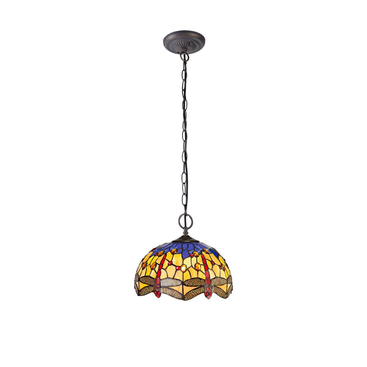 Nelson Lighting NLK00689 Heidi 2 Light Down Lighter Pendant With 30cm Tiffany Shade Blue/Orange/Antique Brass