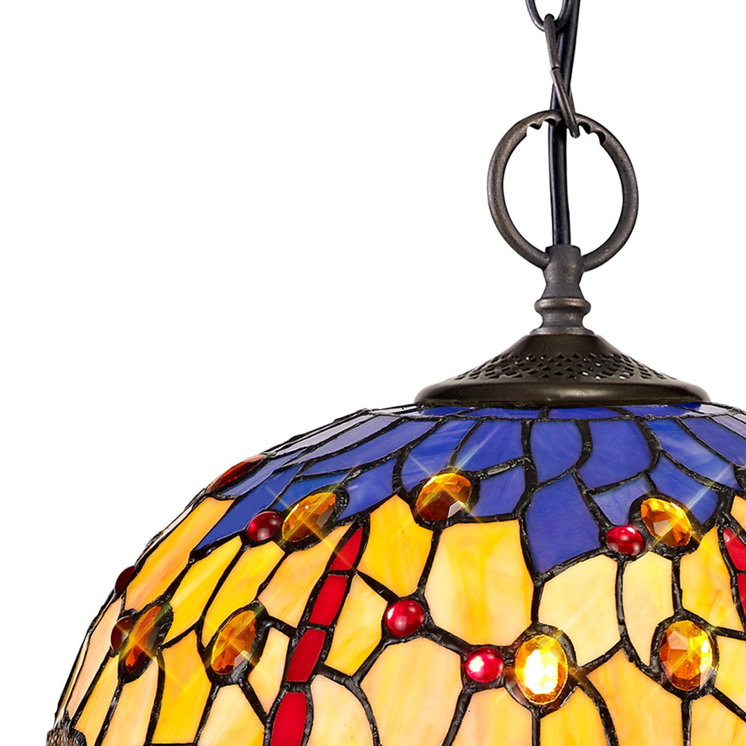 Nelson Lighting NLK00689 Heidi 2 Light Down Lighter Pendant With 30cm Tiffany Shade Blue/Orange/Antique Brass