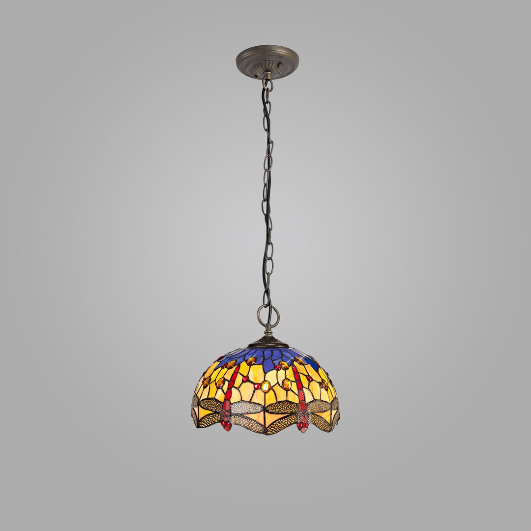 Nelson Lighting NLK00699 Heidi 3 Light Down Lighter Pendant With 30cm Tiffany Shade Blue/Orange/Antique Brass