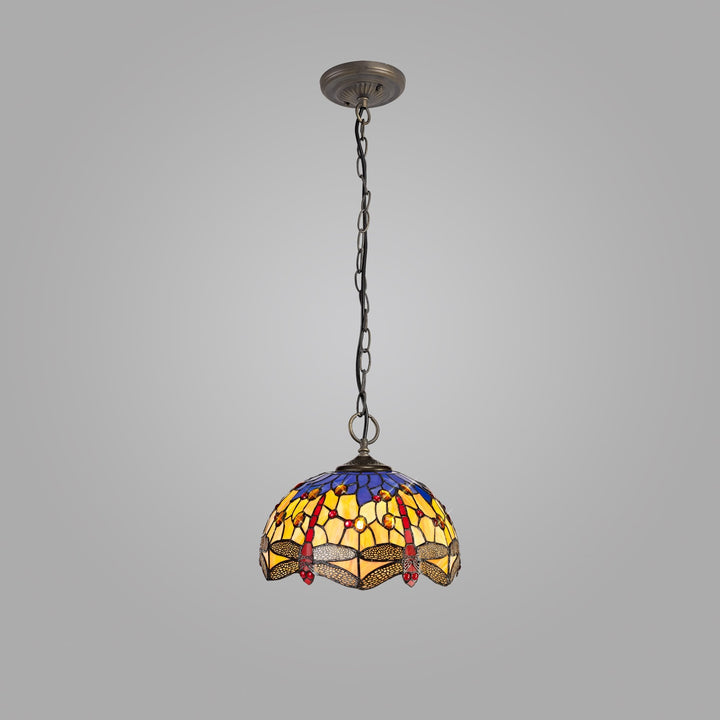 Nelson Lighting NLK00699 Heidi 3 Light Down Lighter Pendant With 30cm Tiffany Shade Blue/Orange/Antique Brass