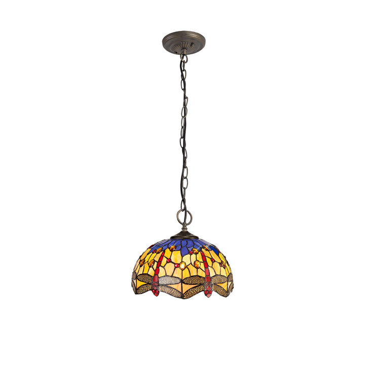 Nelson Lighting NLK00699 Heidi 3 Light Down Lighter Pendant With 30cm Tiffany Shade Blue/Orange/Antique Brass