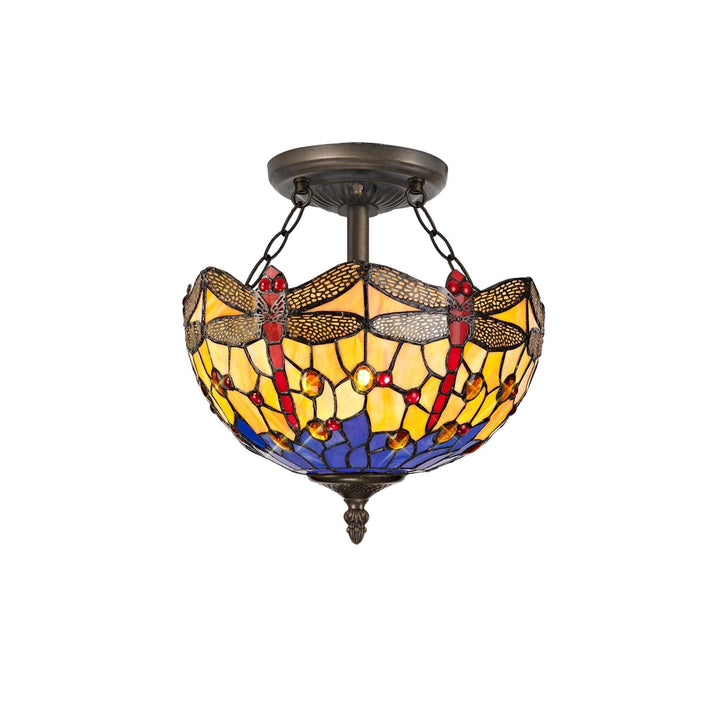 Nelson Lighting NLK00709 Heidi 2 Light Semi Ceiling With 30cm Tiffany Shade Blue/Orange/Antique Brass