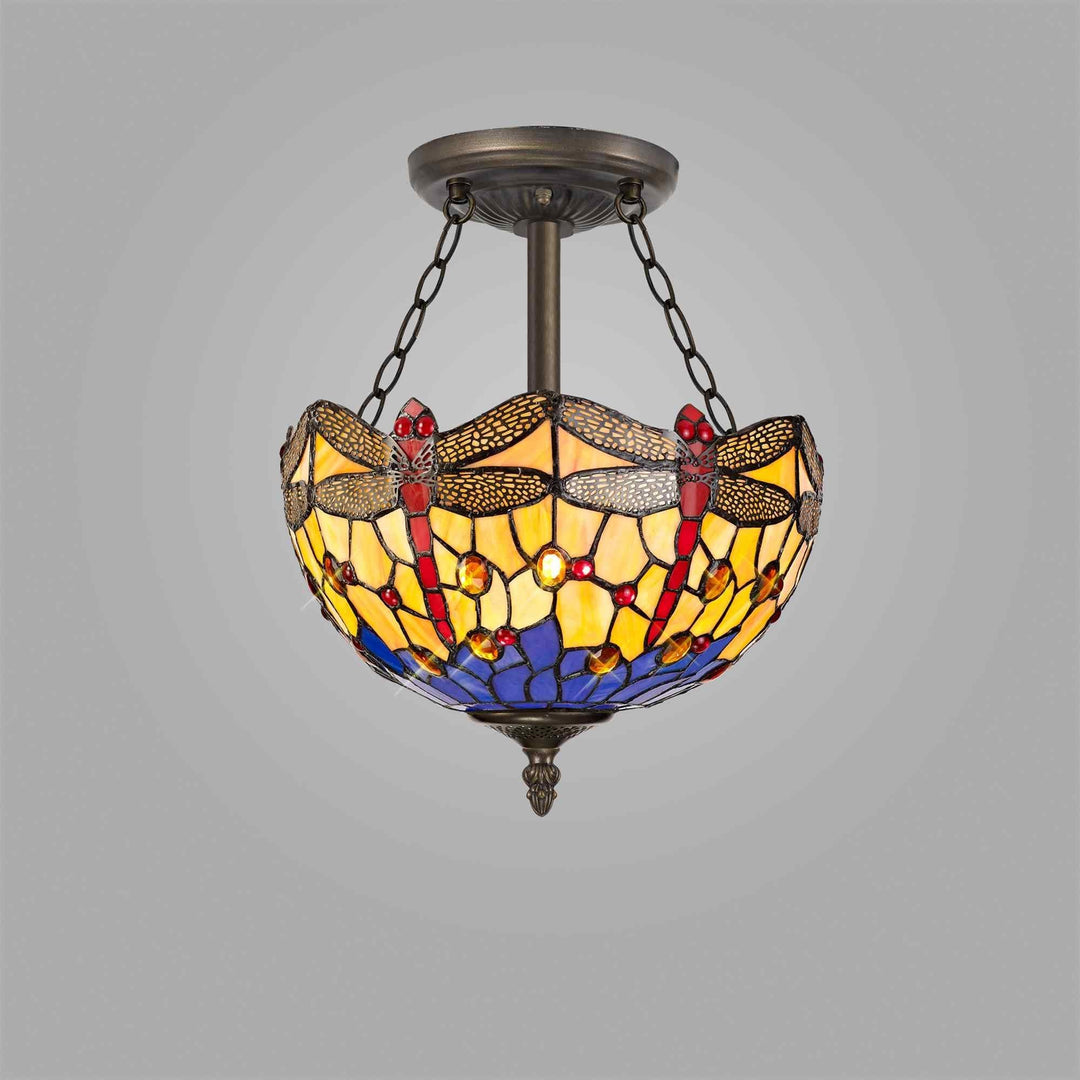 Nelson Lighting NLK00719 Heidi 3 Light Semi Ceiling With 30cm Tiffany Shade Blue/Orange/Antique Brass