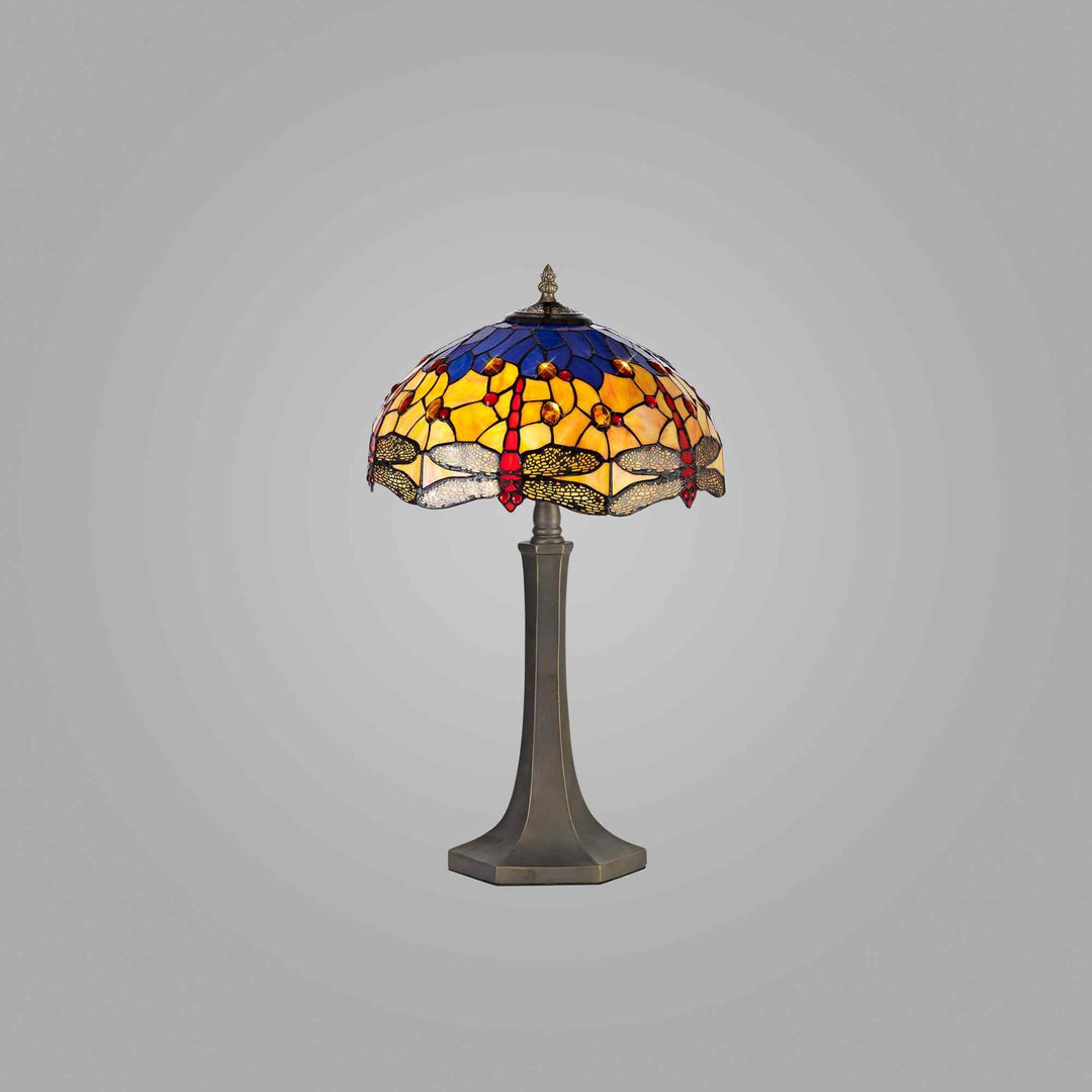 Nelson Lighting NLK00759 Heidi 2 Light Octagonal Table Lamp With 40cm Tiffany Shade Blue/Orange/Crystal/Aged Antique Brass