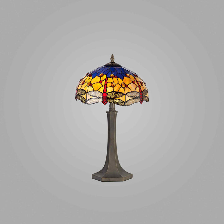 Nelson Lighting NLK00759 Heidi 2 Light Octagonal Table Lamp With 40cm Tiffany Shade Blue/Orange/Crystal/Aged Antique Brass