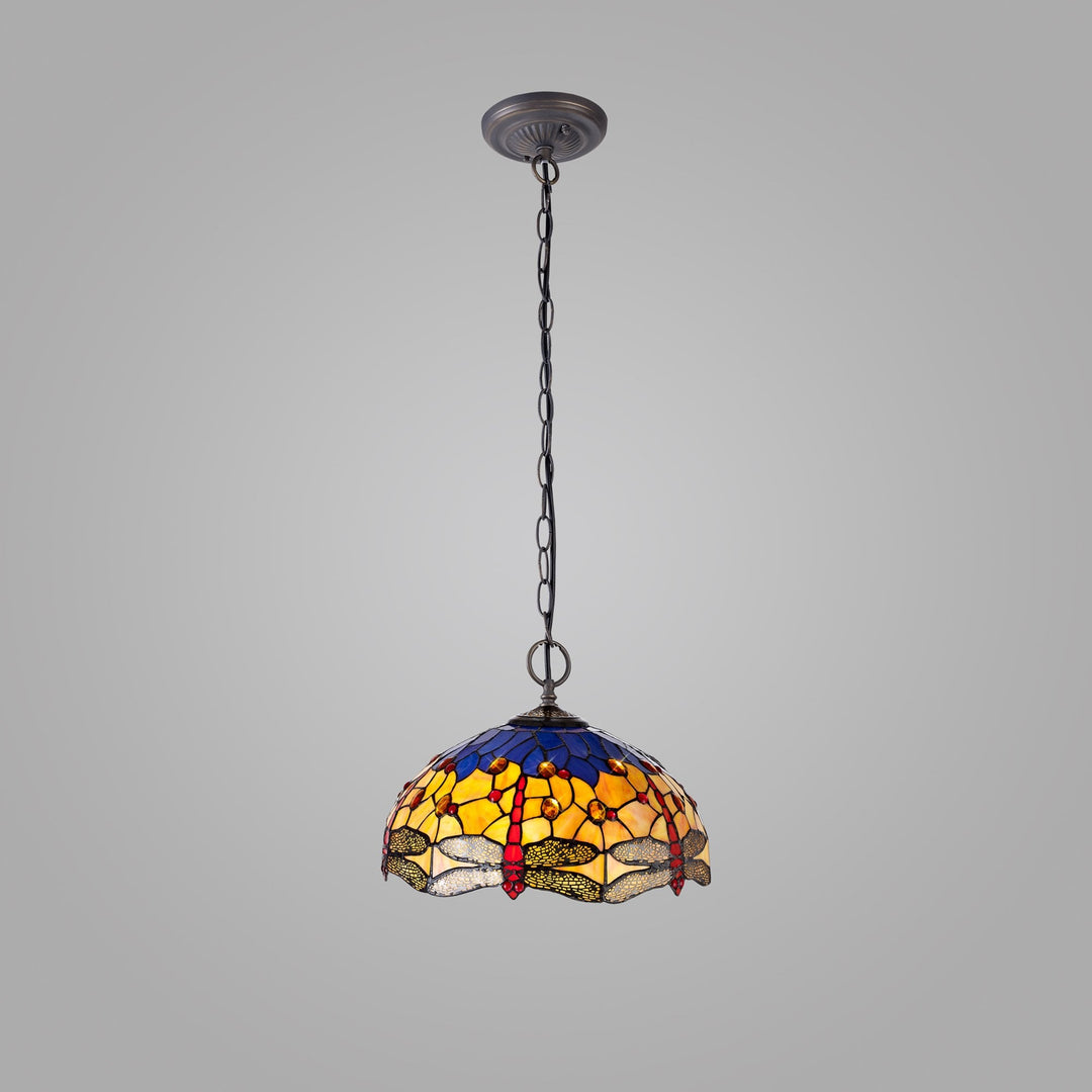 Nelson Lighting NLK00779 Heidi 2 Light Down Lighter Pendant With 40cm Tiffany Shade Blue/Orange/Antique Brass