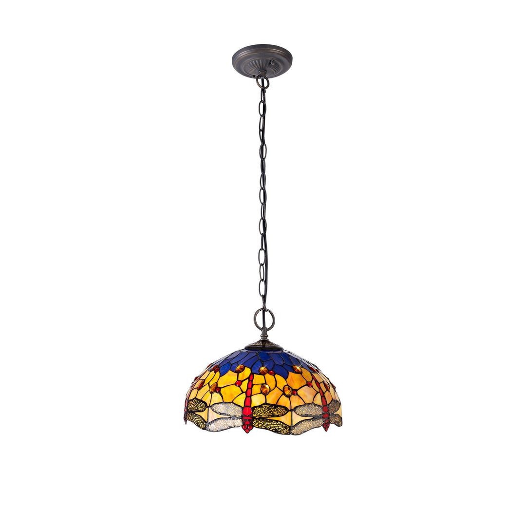 Nelson Lighting NLK00779 Heidi 2 Light Down Lighter Pendant With 40cm Tiffany Shade Blue/Orange/Antique Brass