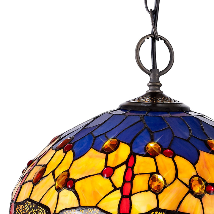 Nelson Lighting NLK00779 Heidi 2 Light Down Lighter Pendant With 40cm Tiffany Shade Blue/Orange/Antique Brass