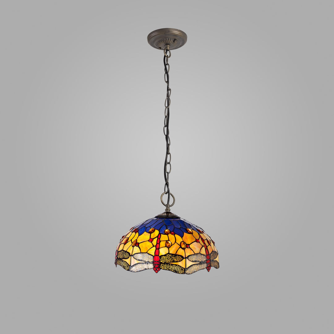 Nelson Lighting NLK00789 Heidi 3 Light Down Lighter Pendant With 40cm Tiffany Shade Blue/Orange/Antique Brass