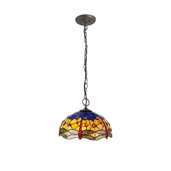 Nelson Lighting NLK00789 Heidi 3 Light Down Lighter Pendant With 40cm Tiffany Shade Blue/Orange/Antique Brass