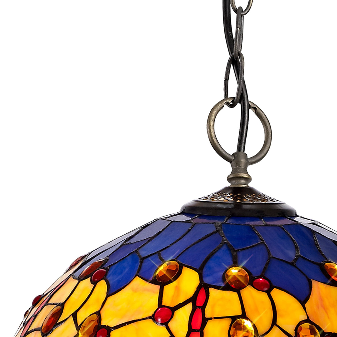 Nelson Lighting NLK00789 Heidi 3 Light Down Lighter Pendant With 40cm Tiffany Shade Blue/Orange/Antique Brass