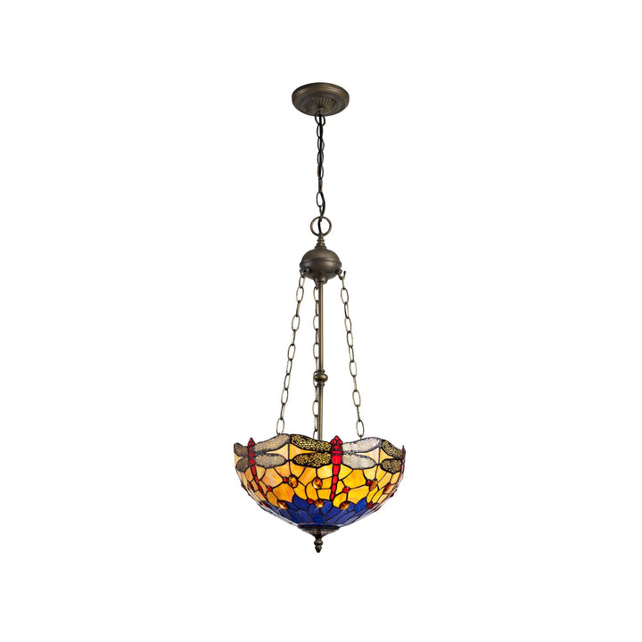 Nelson Lighting NLK00809 Heidi 3 Light Up Lighter Pendant With 40cm Tiffany Shade Blue/Orange/Antique Brass