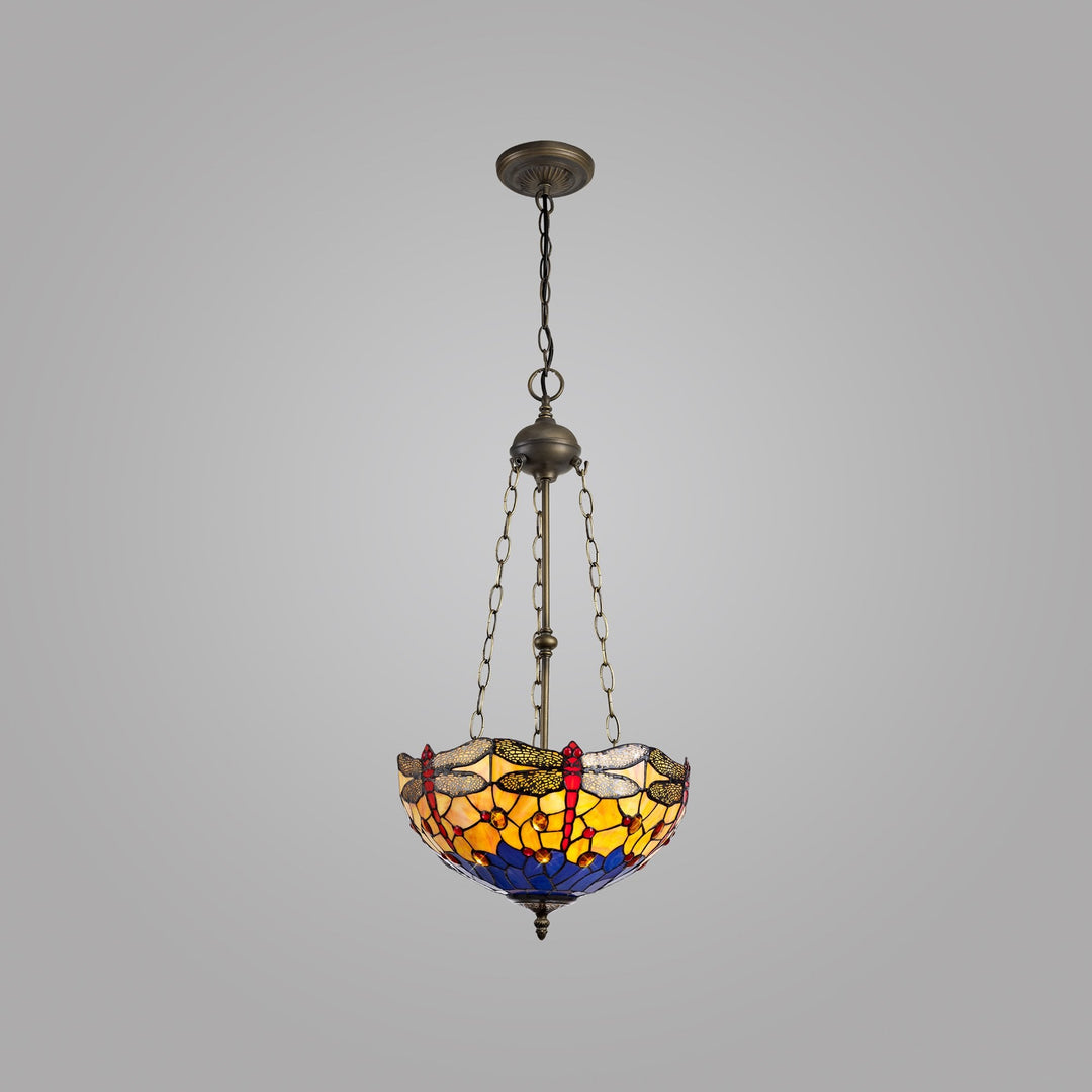 Nelson Lighting NLK00809 Heidi 3 Light Up Lighter Pendant With 40cm Tiffany Shade Blue/Orange/Antique Brass