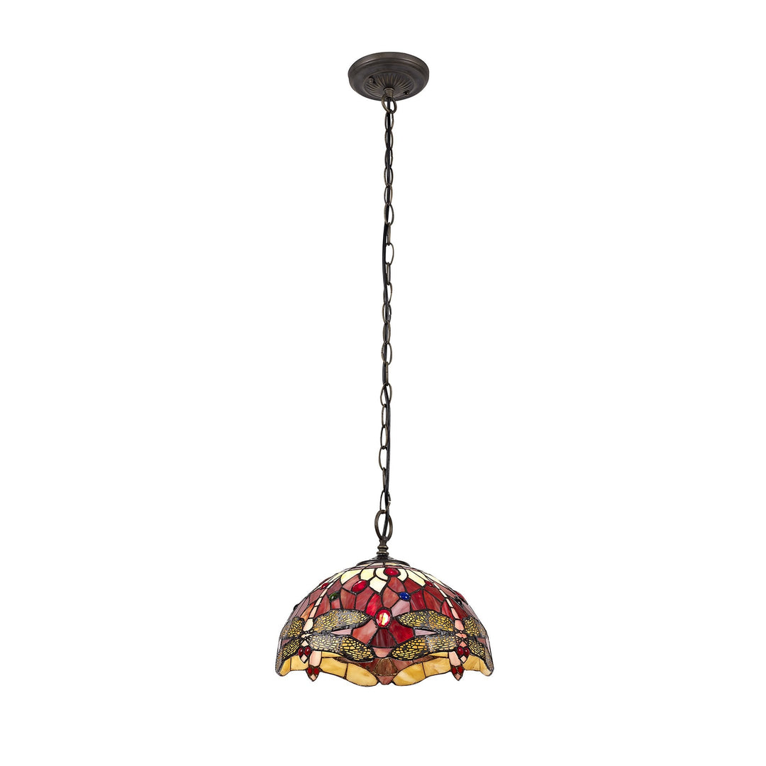 Nelson Lighting NLK00899 Heidi 1 Light Down Lighter Pendant With 30cm Tiffany Shade Purple/Pink/Antique Brass