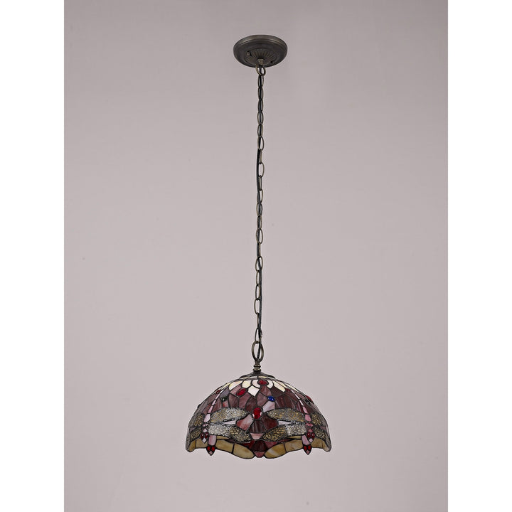 Nelson Lighting NLK00899 Heidi 1 Light Down Lighter Pendant With 30cm Tiffany Shade Purple/Pink/Antique Brass