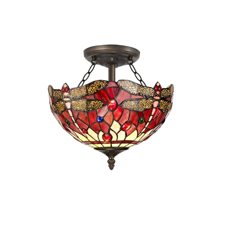 Nelson Lighting NLK00929 Heidi 2 Light Semi Ceiling With 30cm Tiffany Shade Purple/Pink/Antique Brass