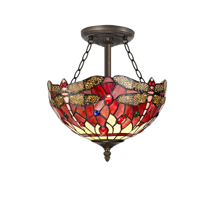 Nelson Lighting NLK00939 Heidi 3 Light Semi Ceiling With 30cm Tiffany Shade Purple/Pink/Antique Brass