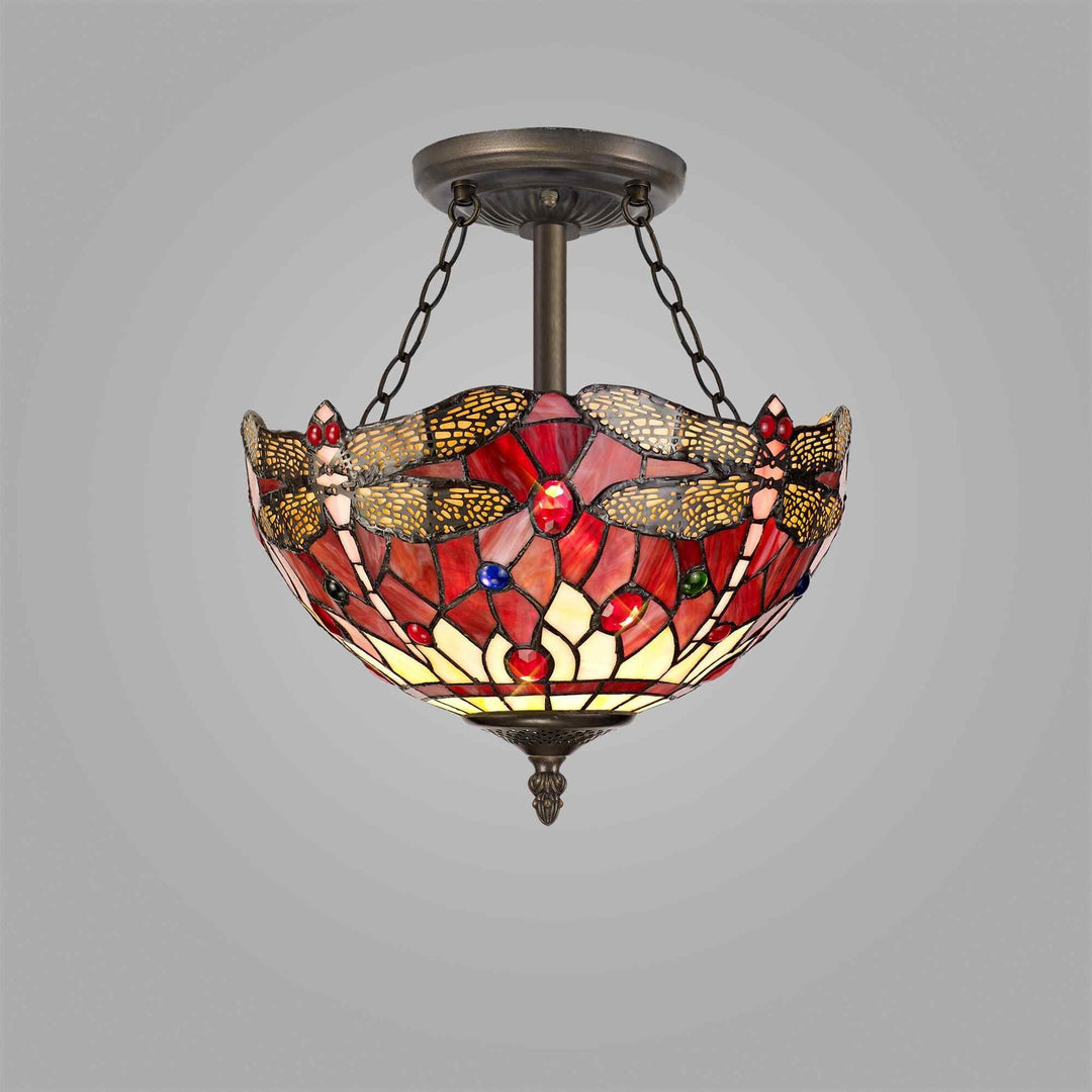 Nelson Lighting NLK00939 Heidi 3 Light Semi Ceiling With 30cm Tiffany Shade Purple/Pink/Antique Brass