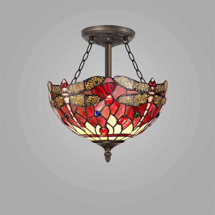 Nelson Lighting NLK00939 Heidi 3 Light Semi Ceiling With 30cm Tiffany Shade Purple/Pink/Antique Brass