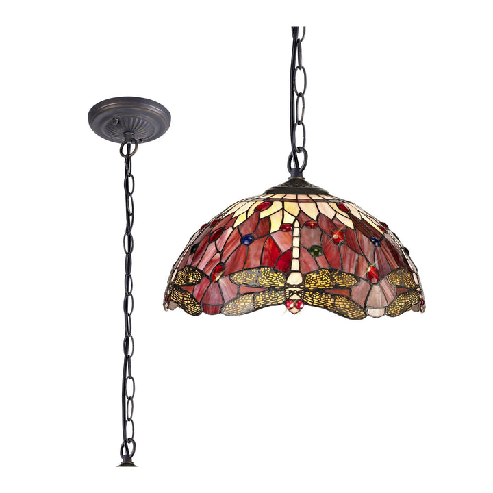 Nelson Lighting NLK00999 Heidi 1 Light Down Lighter Pendant With 40cm Tiffany Shade Purple/Pink/Antique Brass