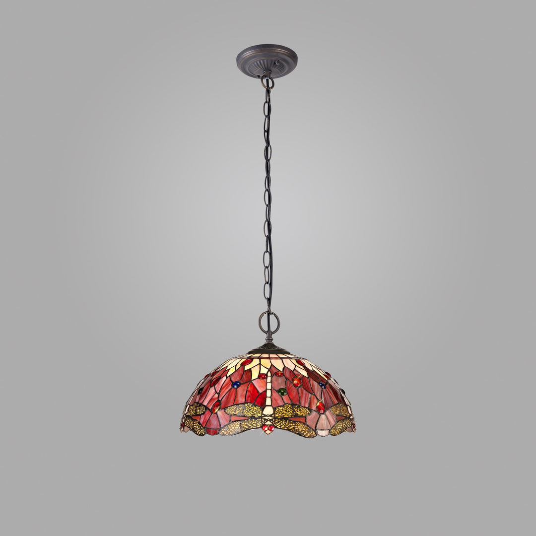 Nelson Lighting NLK01009 Heidi 2 Light Down Lighter Pendant With 40cm Tiffany Shade Purple/Pink/Antique Brass