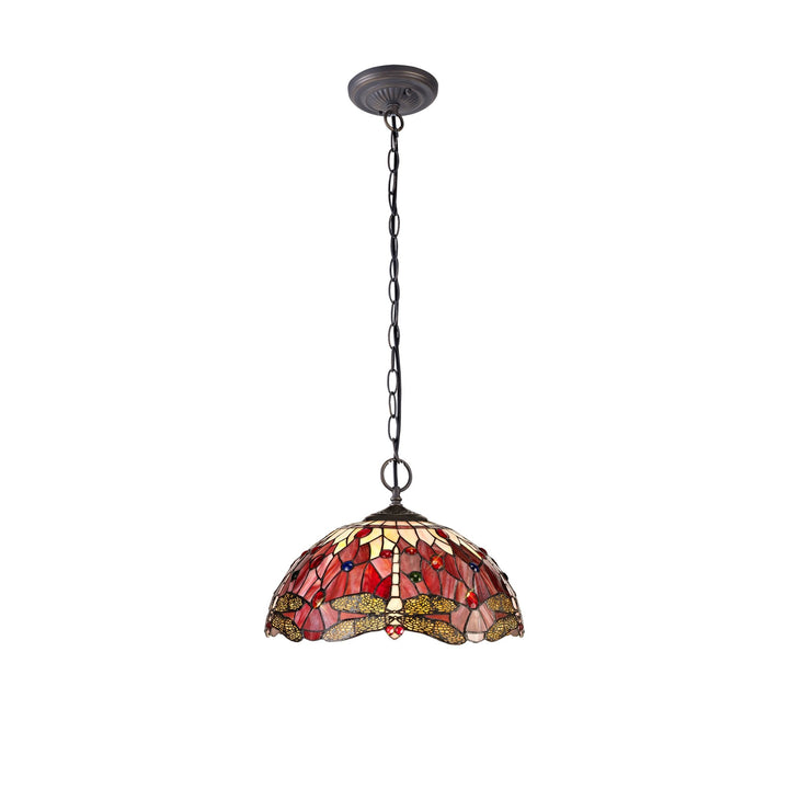 Nelson Lighting NLK01009 Heidi 2 Light Down Lighter Pendant With 40cm Tiffany Shade Purple/Pink/Antique Brass