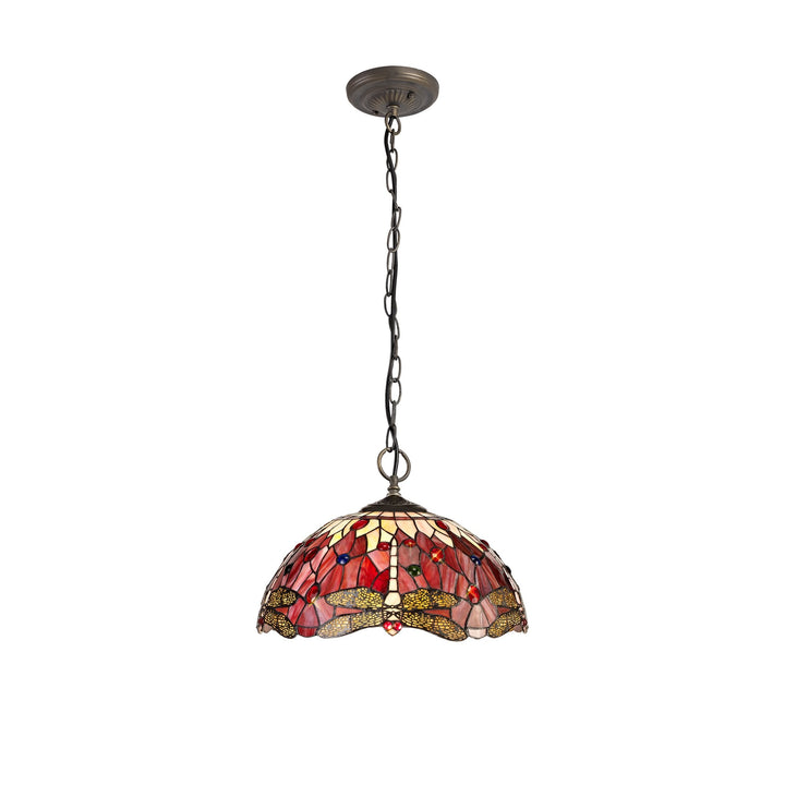 Nelson Lighting NLK01019 Heidi 3 Light Down Lighter Pendant With 40cm Tiffany Shade Purple/Pink/Antique Brass