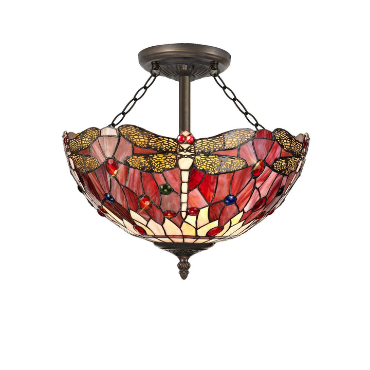 Nelson Lighting NLK01029 Heidi 3 Light Semi Ceiling With 40cm Tiffany Shade Purple/Pink/Antique Brass