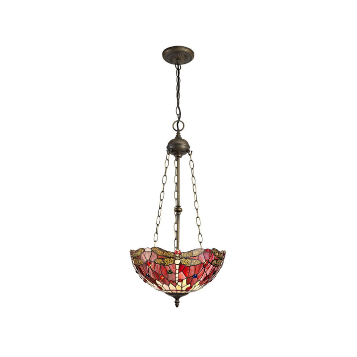 Nelson Lighting NLK01039 Heidi 3 Light Up Lighter Pendant With 40cm Tiffany Shade Purple/Pink/Antique Brass