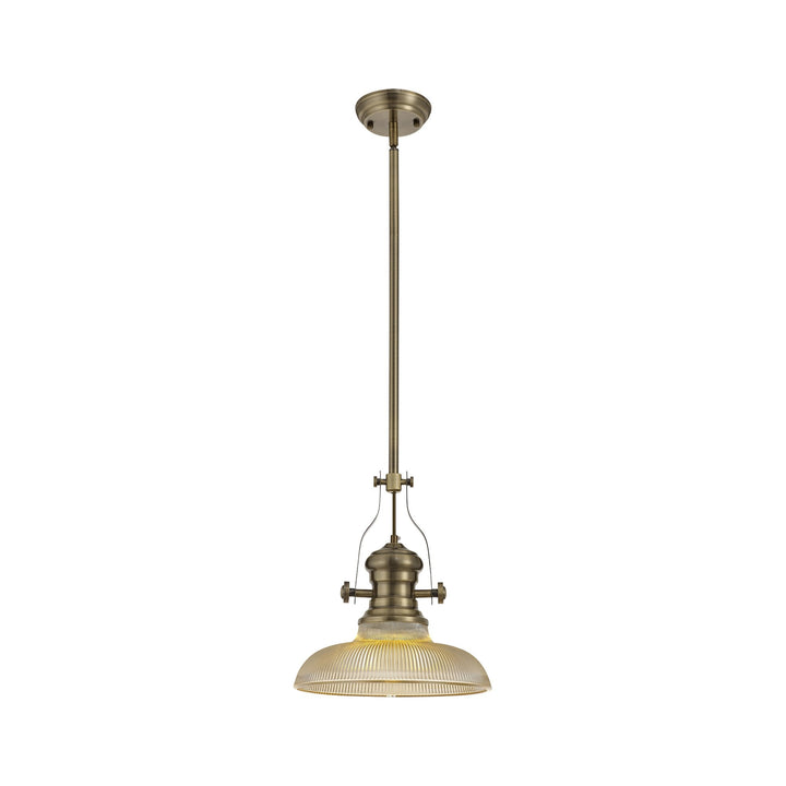 Nelson Lighting NLK01149 Louis 1 Light Telescopic Pendant With 30cm Round Glass Shade Antique Brass/Amber