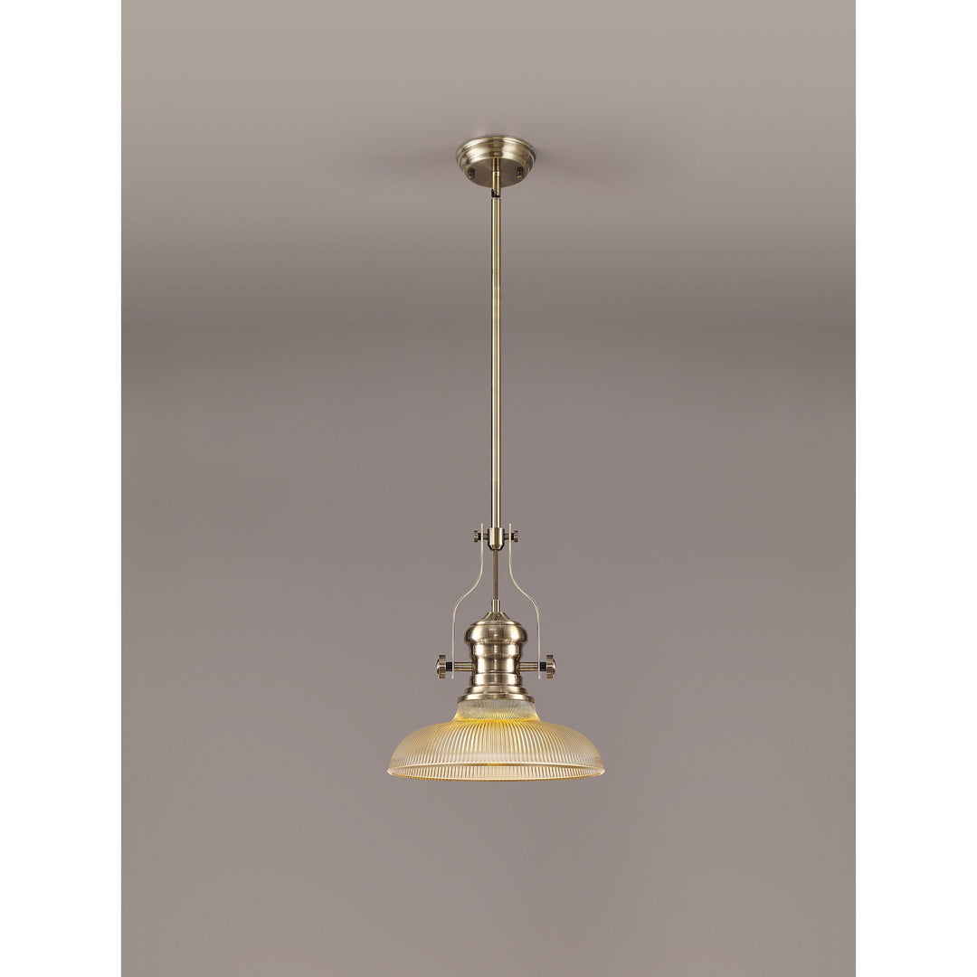 Nelson Lighting NLK01149 Louis 1 Light Telescopic Pendant With 30cm Round Glass Shade Antique Brass/Amber