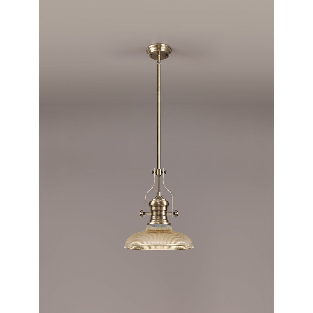 Nelson Lighting NLK01149 Louis 1 Light Telescopic Pendant With 30cm Round Glass Shade Antique Brass/Amber