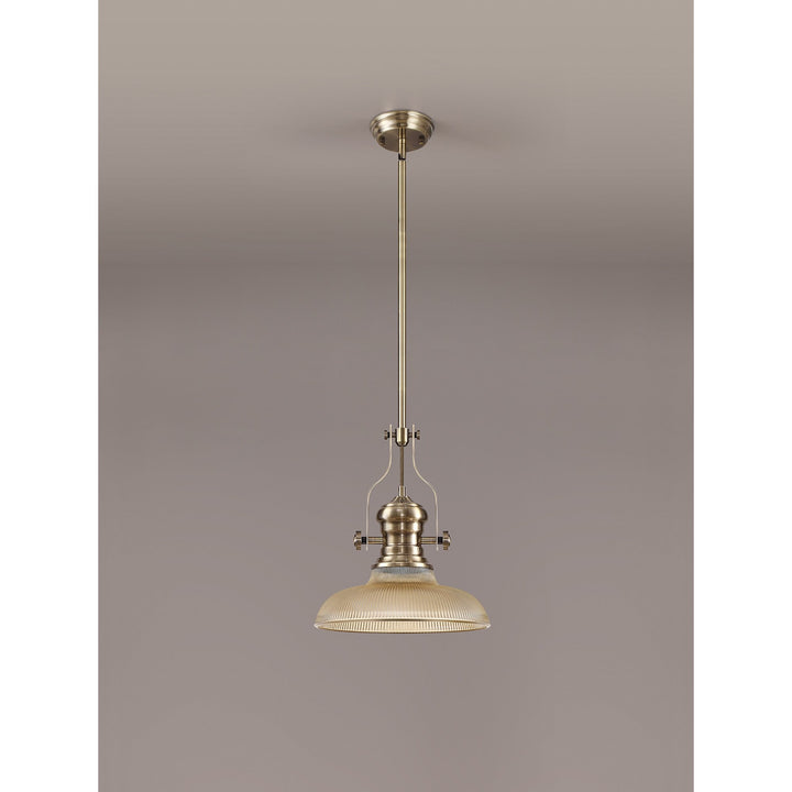 Nelson Lighting NLK01149 Louis 1 Light Telescopic Pendant With 30cm Round Glass Shade Antique Brass/Amber