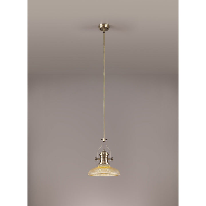 Nelson Lighting NLK01149 Louis 1 Light Telescopic Pendant With 30cm Round Glass Shade Antique Brass/Amber