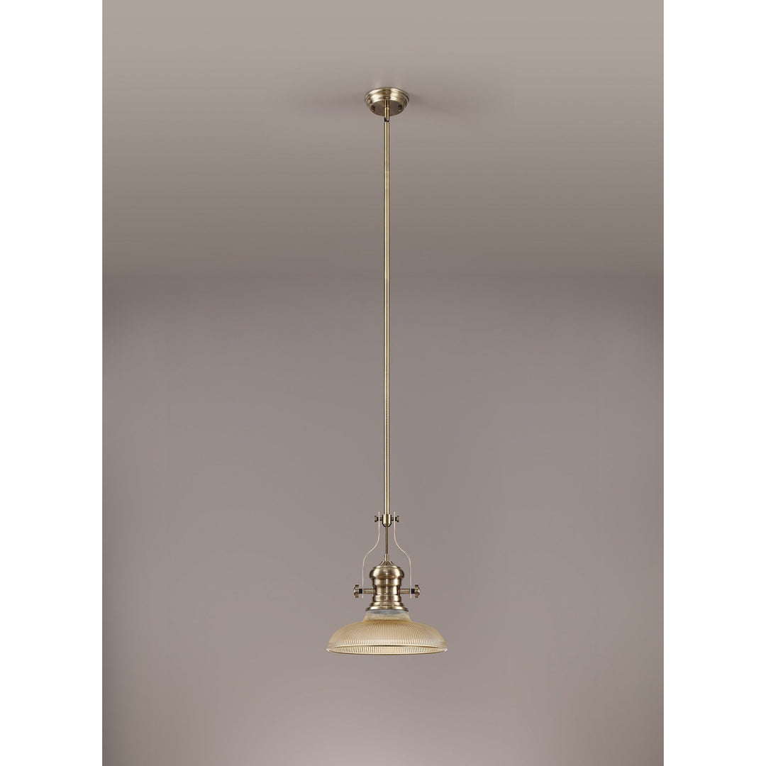 Nelson Lighting NLK01149 Louis 1 Light Telescopic Pendant With 30cm Round Glass Shade Antique Brass/Amber