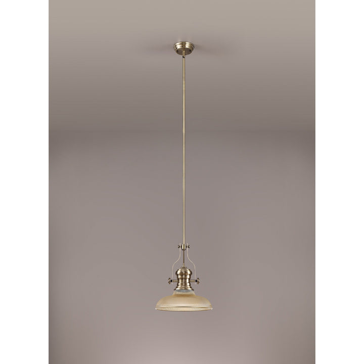 Nelson Lighting NLK01149 Louis 1 Light Telescopic Pendant With 30cm Round Glass Shade Antique Brass/Amber