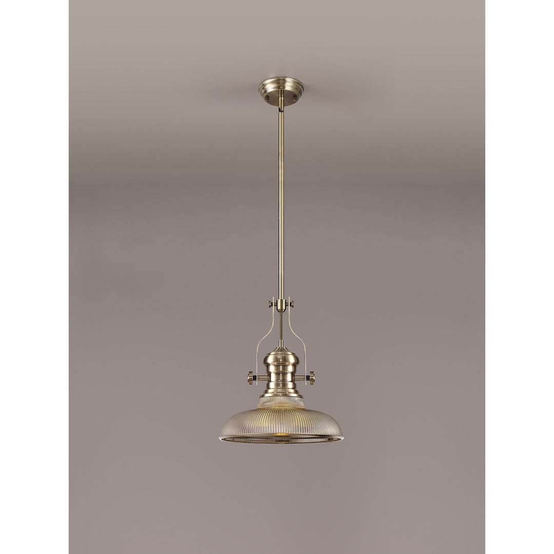 Nelson Lighting NLK01159 Louis 1 Light Telescopic Pendant With 30cm Round Glass Shade Antique Brass/Smoked