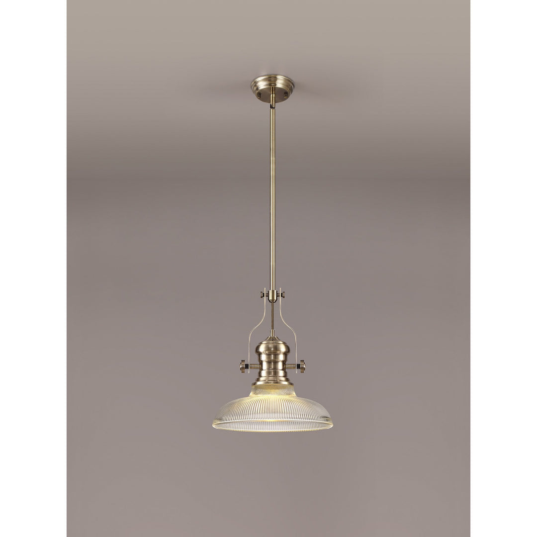 Nelson Lighting NLK01169 Louis 1 Light Telescopic Pendant With 30cm Round Glass Shade Antique Brass/Clear